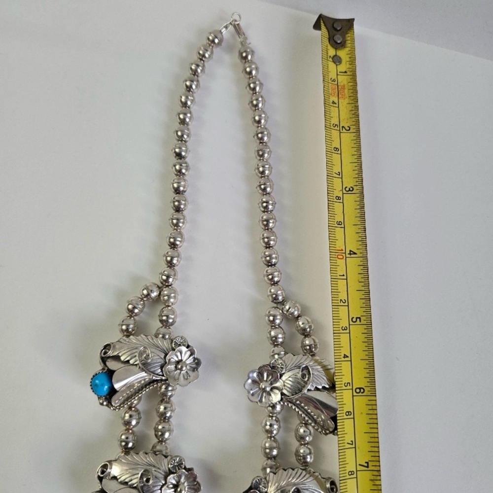 Sterling Silver 925 and Turquoise Floral Squash Blossom Necklace - Picture 15 of 16